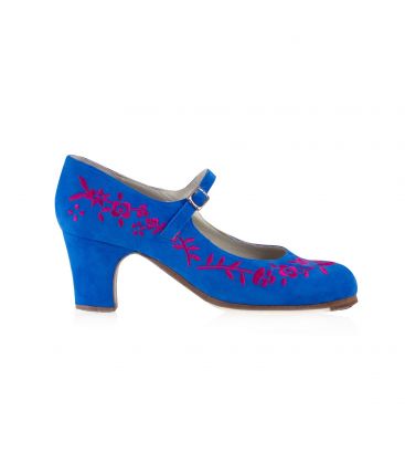 flamenco shoes professional for woman - Begoña Cervera - Bordado Correa I blue and fuchsia suede, classic heel