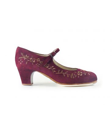 flamenco shoes professional for woman - Begoña Cervera - Bordado Correa I bordeaux and brown suede, classic heel
