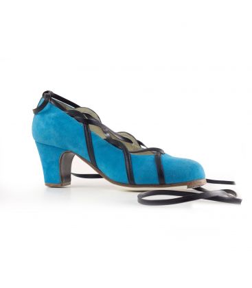zapatos de flamenco profesionales personalizables - Begoña Cervera - Cintas negras y azul ante tacón clasico
