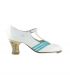 flamenco shoes professional for woman - Begoña Cervera - Class white patent leather and turquoise suede, carrete heel hand painted