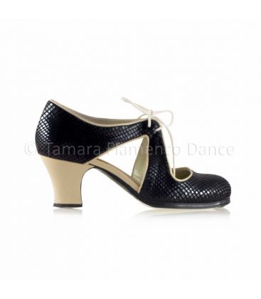 zapatos de flamenco profesionales personalizables - Begoña Cervera - Escote piel serpiente negro y beige tacón carrete