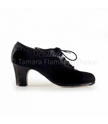 zapatos de flamenco profesionales personalizables - Begoña Cervera - Ingles Coco piel cocodrilo negro y ante negro con tacon clasico