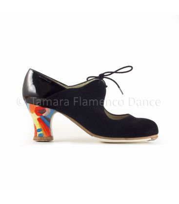 flamenco shoes professional for woman - Begoña Cervera - Arty black suede and patent leather, carrete abstract handpainted heel