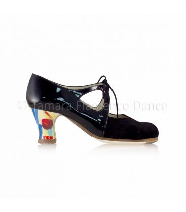 flamenco shoes professional for woman - Begoña Cervera - Dulce black patent leather and suede, carrete handpainted heel