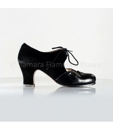 flamenco shoes professional for woman - Begoña Cervera - Petalos black suede and lather carrete heel