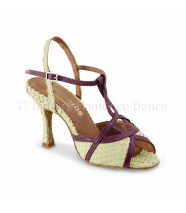 zapatos de baile latino y de salon para mujer - Rummos - Cuore piel serpiente amarillo claro y burdeos
