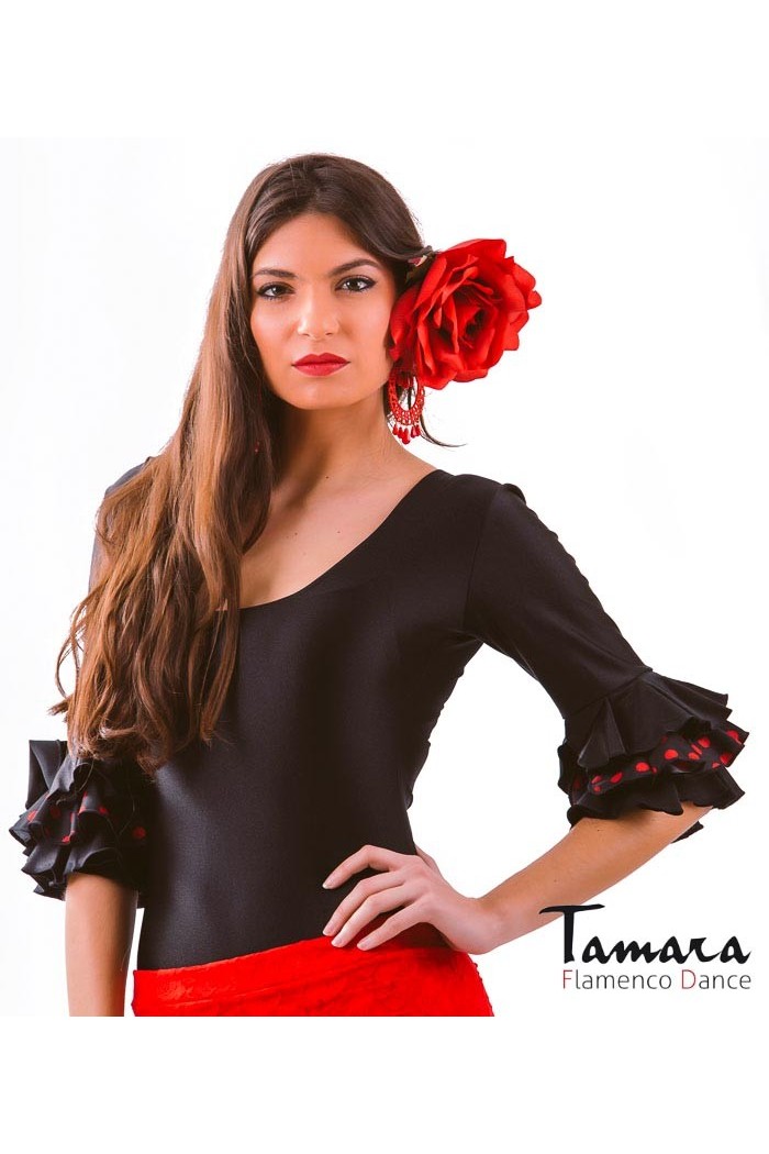 Body/Camiseta flamenca MUJER modelo Body Jaleo con lunares - Lycra Negro lunares rojos