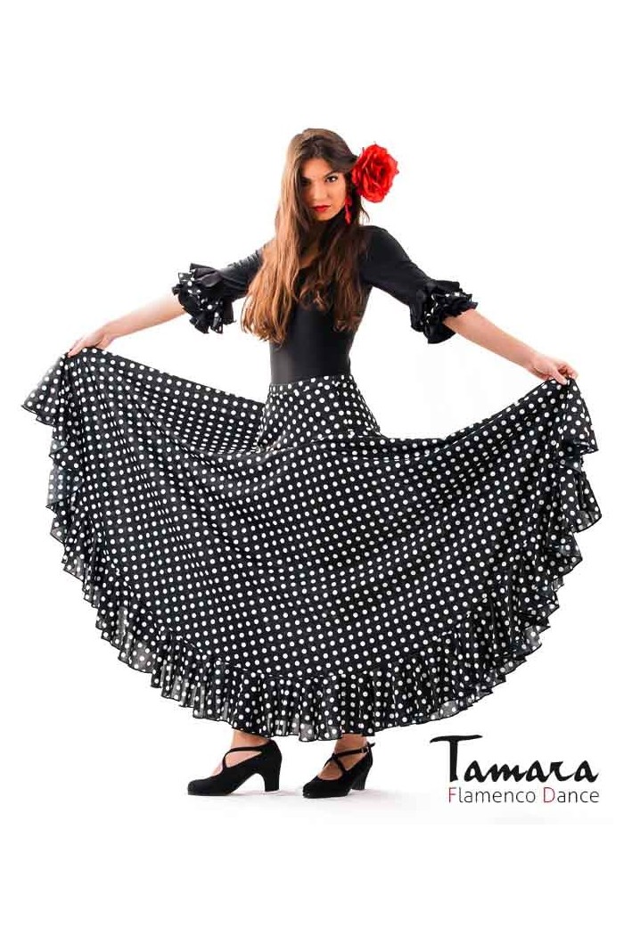 Jupes flamenco FEMME modèle Jupe flamenco Sevillana petits points - Maille Noir avec petits points blancs