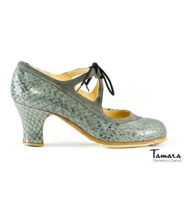 zapatos de flamenco profesionales en stock - Begoña Cervera - Candor piel serpiente gris con ante