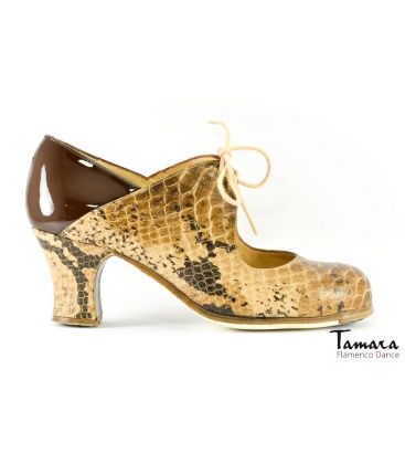 zapatos de flamenco profesionales en stock - Begoña Cervera - Arty serpiente y charol marron carrete