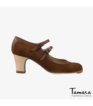 chaussures professionelles de flamenco pour femme - Begoña Cervera - 2 Correas daim et cuir marron classique bois 