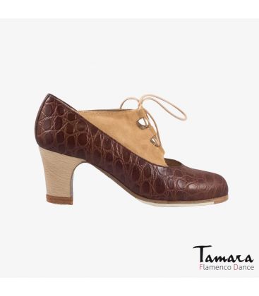 flamenco shoes professional for woman - Begoña Cervera - Antiguo alligator skin and suede brown beige classic wood 