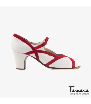 zapatos de flamenco profesionales personalizables - Begoña Cervera - Arco II piel blanco ante rojo tacon clasico 