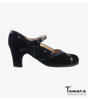flamenco shoes professional for woman - Begoña Cervera - Arco II suede and snakeskin black classic heel 