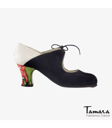 chaussures professionelles de flamenco pour femme - Begoña Cervera - Arty daim noir peau de serpent blanc carrete peint