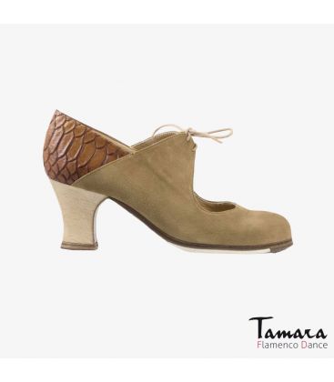 chaussures professionelles de flamenco pour femme - Begoña Cervera - Arty daim beige peau d'alligator marron carrete bois 