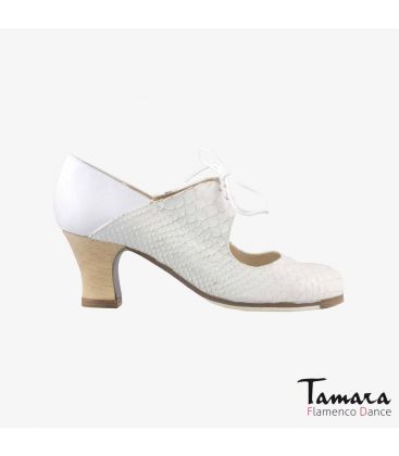 flamenco shoes professional for woman - Begoña Cervera - Arty snakeskin and leather white carrete wood heel 