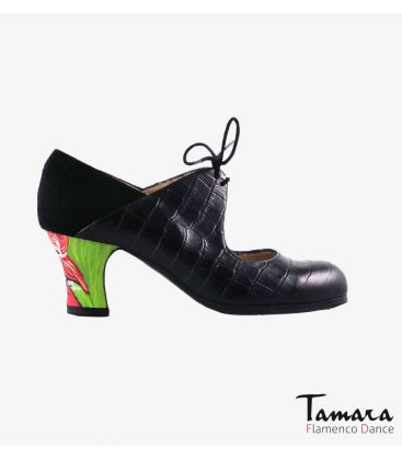 chaussures professionelles de flamenco pour femme - Begoña Cervera - Arty peau d'alligator et daim noir talon carrete peint 