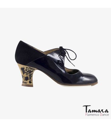 flamenco shoes professional for woman - Begoña Cervera - Arty black patent leather and suede carrete painted heel 