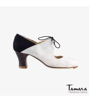 zapatos de flamenco profesionales personalizables - Begoña Cervera - Arty serpiente blanca ante negro tacon carrete madera oscura 