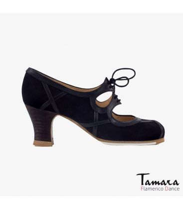 flamenco shoes professional for woman - Begoña Cervera - Barroco Cordones suede and leather black carrete dark wood 