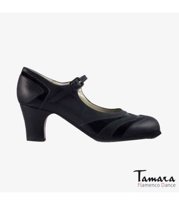 chaussures professionelles de flamenco pour femme - Begoña Cervera - Bicolor cuir et cuir vernis noir talon classique