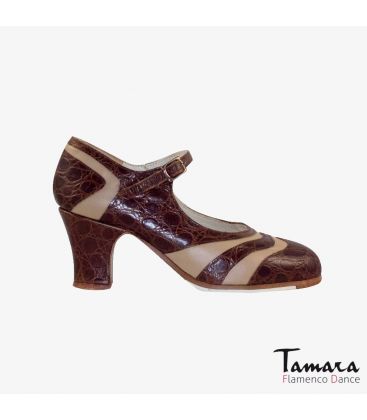 chaussures professionelles de flamenco pour femme - Begoña Cervera - Bicolor peau d'alligator marron et cuir beige carrete 