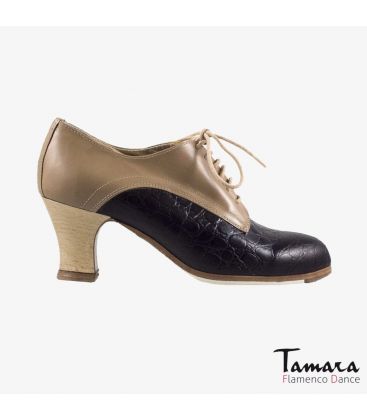 zapatos de flamenco profesionales personalizables - Begoña Cervera - Blucher negro coco y piel camel tacon carrete madera 