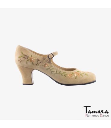chaussures professionelles de flamenco pour femme - Begoña Cervera - Bordado Correa I (broderie) beige daim carrete 