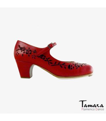 chaussures professionelles de flamenco pour femme - Begoña Cervera - Bordado Correa I (broderie) rouge et noir cuir talon classique 5cm 