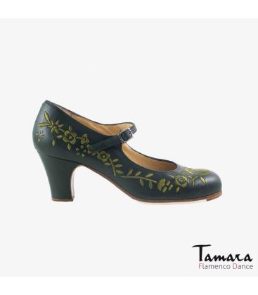 chaussures professionelles de flamenco pour femme - Begoña Cervera - Bordado Correa I (broderie) vert cuir talon classique 