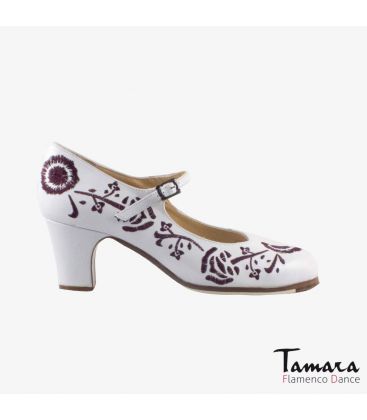 flamenco shoes professional for woman - Begoña Cervera - Bordado Correa II (embroidered) white leather classic heel 