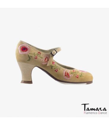 chaussures professionelles de flamenco pour femme - Begoña Cervera - Bordado Correa II (broderie) beige daim talon carrete bois 