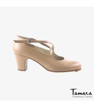 zapatos de flamenco profesionales personalizables - Begoña Cervera - Cruzado beige piel tacón clásico 