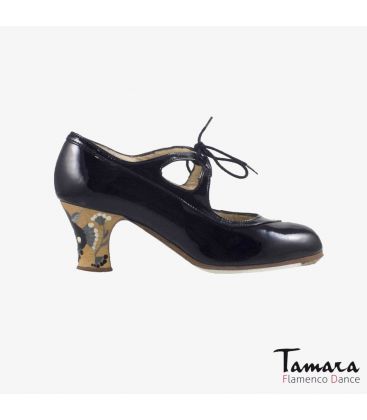 chaussures professionelles de flamenco pour femme - Begoña Cervera - Candor noir cuir vernis talon carrete peint 