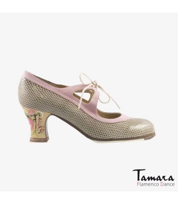 chaussures professionelles de flamenco pour femme - Begoña Cervera - Candor beige peau de serpent et rose clair talon carrete peint