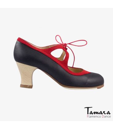 chaussures professionelles de flamenco pour femme - Begoña Cervera - Candor cuir et daim noir rouge carrete bois 