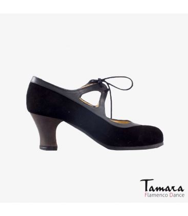 flamenco shoes professional for woman - Begoña Cervera - Candor black suede grey leather carrete dark wood 