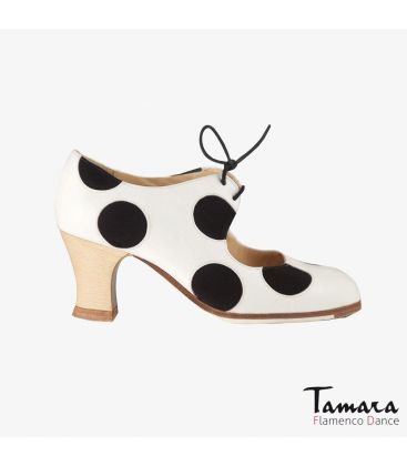 chaussures professionelles de flamenco pour femme - Begoña Cervera - Cordonera Lunares blanc cuir et noir daim carrete bois 
