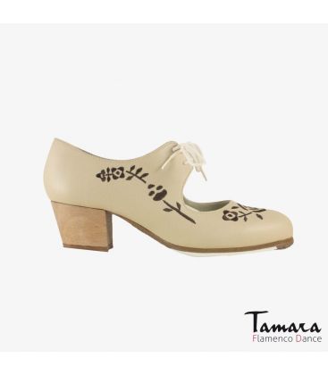 chaussures professionelles de flamenco pour femme - Begoña Cervera - Bordado Cordonera (broderie) beige cuir talon cubano 