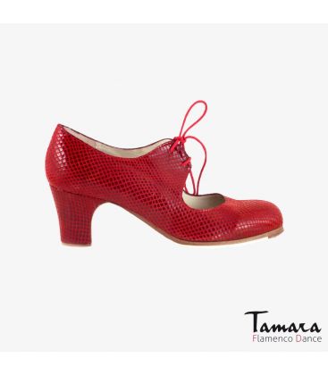 chaussures professionelles de flamenco pour femme - Begoña Cervera - Cordonera rouge peau de serpent talon classique 