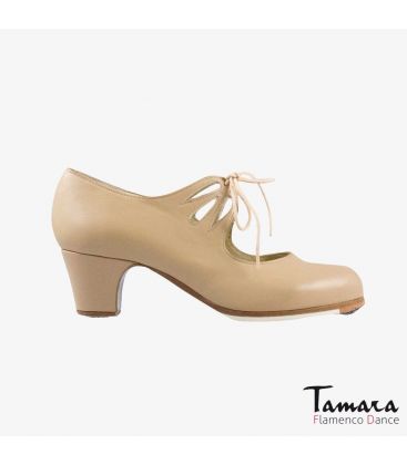 chaussures professionelles de flamenco pour femme - Begoña Cervera - Cordonera Calado cuir beige talon classique 5cm 