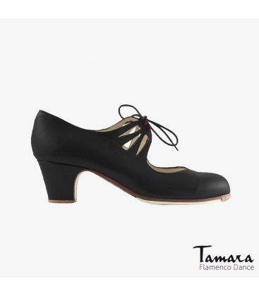 chaussures professionelles de flamenco pour femme - Begoña Cervera - Cordonera Calado cuir noir talon classique 5cm 