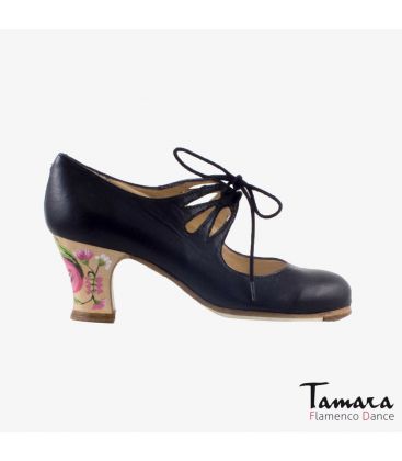 flamenco shoes professional for woman - Begoña Cervera - Cordonera Calado black leather carrete painted heel 