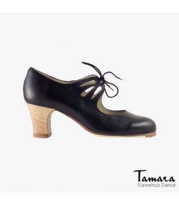 flamenco shoes professional for woman - Begoña Cervera - Cordonera Calado black leather classic wood heel 
