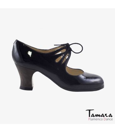 chaussures professionelles de flamenco pour femme - Begoña Cervera - Cordonera Calado cuir vernis noir carrete bois foncé 