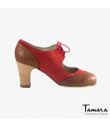 chaussures professionelles de flamenco pour femme - Begoña Cervera - Cordoneria daim rouge marron peau d'alligator talon classique 7cm bois 