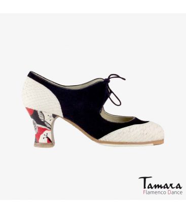 flamenco shoes professional for woman - Begoña Cervera - Cordoneria black suede white snakeskin carrete painted 