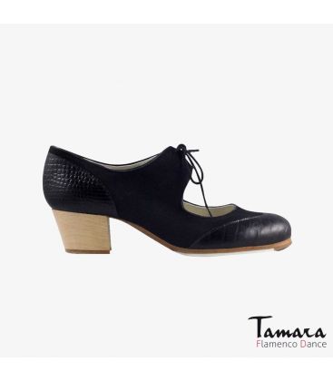 flamenco shoes professional for woman - Begoña Cervera - Cordoneria black suede black snakeskin cubano wood heel 