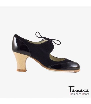 chaussures professionelles de flamenco pour femme - Begoña Cervera - Cordoneria daim et cuir de vernis noir talon carrete bois 